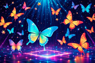 Fantasy butterflies with neon light on a in magical darkness.