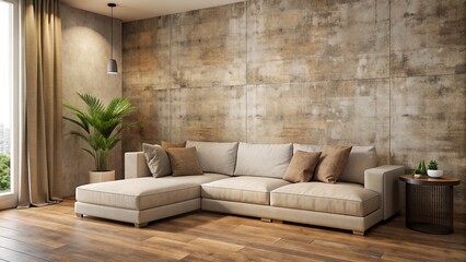 Fototapeta na wymiar Beige corner sofa against rustic wall minimal style living room