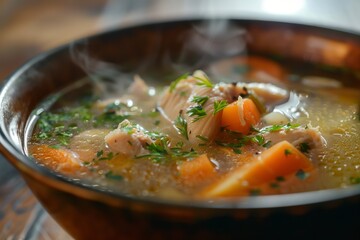 Steaming Bowl of Chicken Broth With Vegetables