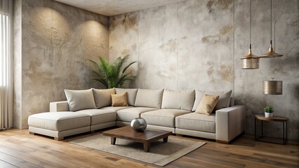 Beige corner sofa against rustic wall minimal style living room