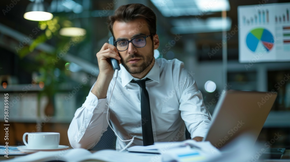 Poster a man dressed in business attire is seated at a desk, engaged in a phone conversation. he holds a ce