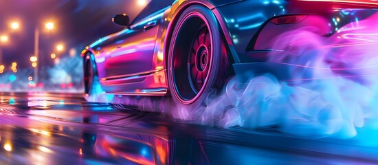 Sport car wheel drifting on night street and lights in the background. - obrazy, fototapety, plakaty