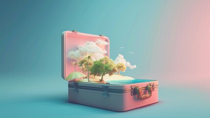 3D render of a travel suitcase with a summer landscape inside, a fantasy world illustration, isometric with a solid background color