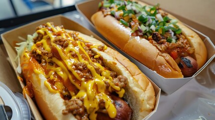 2 chilli cheese dogs from a food truck