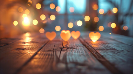 Empty wooden table with blurred background, Heart-shaped bokeh lights of star сreated with Generative Ai