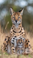 Male serval and kitten portrait with empty text space, object on right side, ideal for presentation