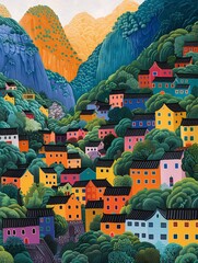 a painting of a town in the mountains
