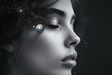 Dreaming woman with closed eyes and planet on face in front of her surreal and ethereal concept art