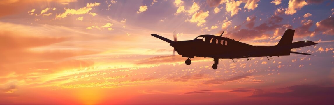 A realistic stock photo of a motor plane silhouette flying through a cloudy sky. The small plane is clearly visible against the backdrop of thick clouds.