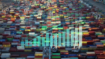 Container port with overlay of loading progress bars and numerical data. Aerial shot above blurred shipping yard with graphs. 3D graphics