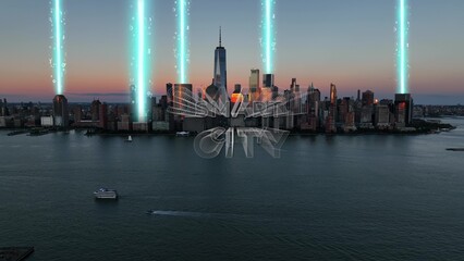 Sunset over NYC skyline with SMART CITY text and digital connectivity beams. Aerial view of...
