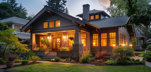 Bathed in the soft glow of sunset, a craftsman style house radiates warmth and charm, with its rich wood siding and welcoming front porch inviting residents and visitors alike to step inside and relax - obrazy, fototapety, plakaty