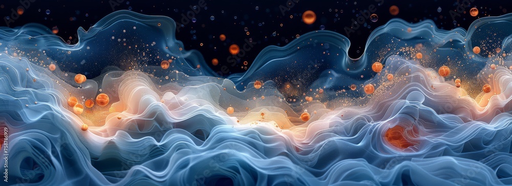 Poster A blue and orange wave with many small orange dots. The image is abstract and has a dreamy, ethereal quality