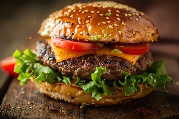 Hamburger on a wooden table
