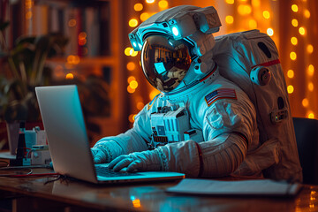 An astronaut using an ultra-realistic laptop