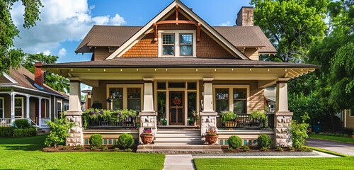 Nestled within a quiet neighborhood, a craftsman style house captivates passersby with its inviting front porch, decorative brackets, and carefully manicured lawn - obrazy, fototapety, plakaty