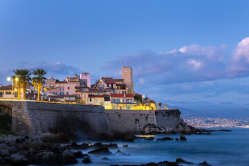 View of the rampart walls and the old town of Antibes at night on the French Riviera in the South of France - 758787168
