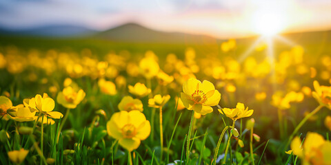 Fototapeta premium Meadow buttercups floral view with green natural background with hills and the sun
