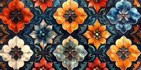 A beautiful floral pattern inspired by vintage tile designs, ideal for wallpaper or textile prints in a traditional or ethnic style. - obrazy, fototapety, plakaty