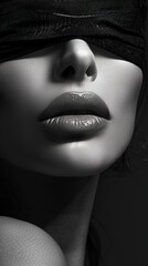 Black and white picture of a woman with a black blindfold over her eyes
