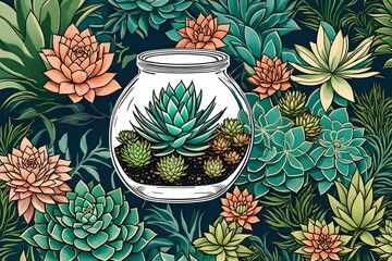 pattern with flowers,Immerse yourself in the tranquility of nature with an AI-generated image featuring a succulent nestled in a small jar, captured in exquisite detail against an HD floral wallpaper