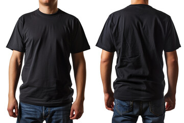 T-shirt mockup, Black blank t-shirt front and back views, male clothes wearing clear attractive apparel tshirt models template сreated with Generative Ai