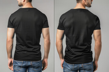 T-shirt mockup, Black blank t-shirt front and back views, male clothes wearing clear attractive apparel tshirt models template сreated with Generative Ai
