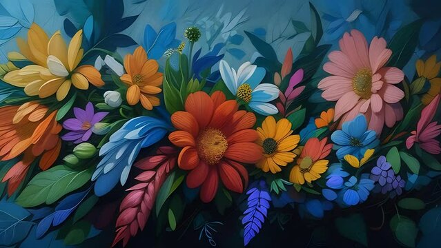 Vibrant Flowers and Leaves Painting on Blue Background