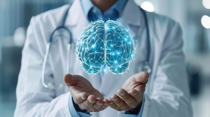 Doctor showing digital brain model