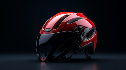 A close-up of a red cycling helmet on a dark navy backdrop.