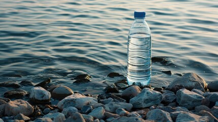 nature with a stunning shot of a large water bottle resting peacefully on rocks in the middle of a serene body of water. - obrazy, fototapety, plakaty