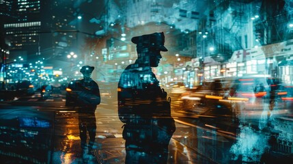Two police officers are standing on a city street at night, vigilant and alert. The urban setting is dimly lit, with tall buildings and glowing street lights surrounding them. - obrazy, fototapety, plakaty