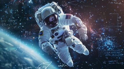 An astronaut wearing a spacesuit floats weightlessly in the vast expanse of outer space, surrounded by stars and the darkness of the cosmos. - obrazy, fototapety, plakaty