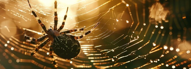 A detailed view of a spider perched on its intricate web, displaying its slender legs and delicate features. The web glistens with dewdrops, highlighting the spiders predatory nature. - obrazy, fototapety, plakaty