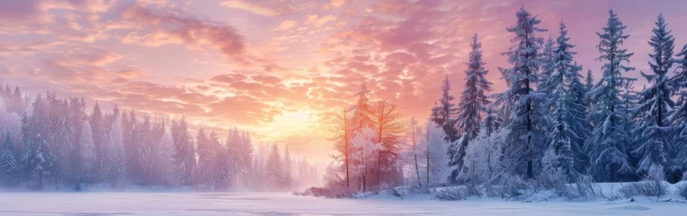Poster A painting depicting a winter scene with snow-covered landscape and trees. The trees stand against the backdrop of a white, snowy expanse, capturing the serene beauty of a winter day. © vadosloginov