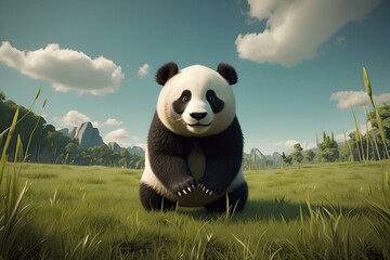 A fluffy and cute panda on a field in front of a grassy area