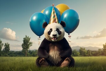 happy birthday card with a panda with a birthday cap and balloons 