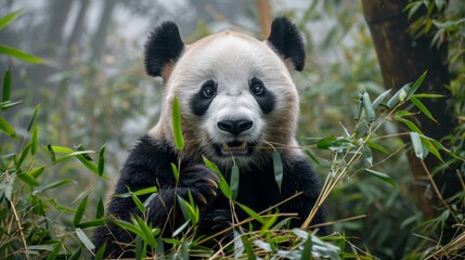 Fototapeta premium A Giant Panda bear is seen munching on bamboo sticks in a dense forest setting. The pandas black and white fur contrasts with the lush green foliage as it enjoys its meal.