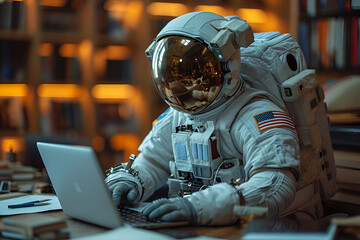 An astronaut using an ultra-realistic laptop