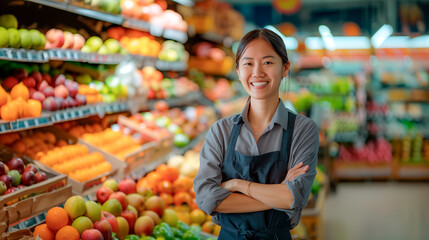 Smiling supermarket fruit section asian woman worker with crossed arms looking at camera inside greengrocer's shop