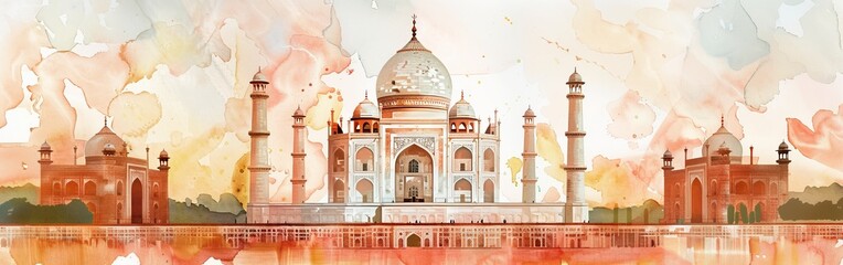 A detailed watercolor painting depicting the iconic Taj Mahal in Agra, showcasing its stunning architecture and intricate design. The artwork captures the grandeur of this UNESCO World Heritage Site. - obrazy, fototapety, plakaty