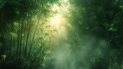 A misty morning in a bamboo forest sunlight filtering through the tall - obrazy, fototapety, plakaty
