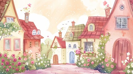 A watercolor painting of quaint, colorful cottages surrounded by lush flower gardens in a peaceful village setting.
 - obrazy, fototapety, plakaty
