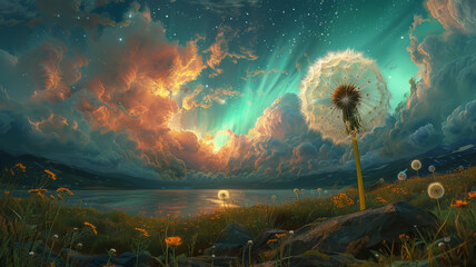 A surreal landscape where giant dandelion puffs float under a sky painted with the aurora