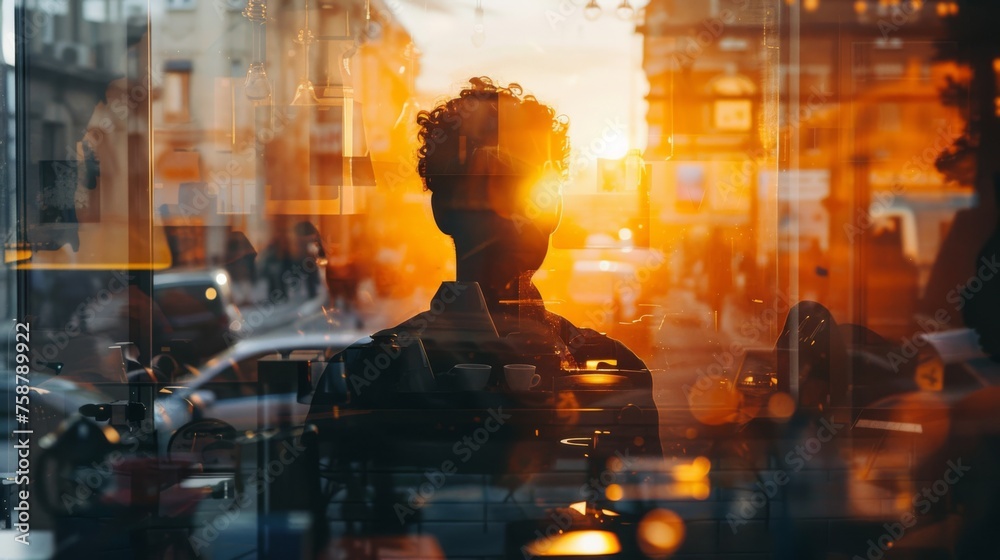 Poster a person is standing in front of a window, looking out at the view outside. the person appears conte