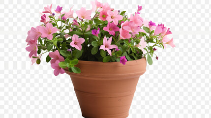 Pink petunias in flower pot isolated on transparent background cutout PNG file
