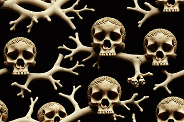 Skulls intertwined with tree branches. Seamless pattern. Digital illustration.