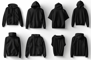 Set of Black front and back view tee hoodie hoody sweatshirt on white background сreated with Generative Ai