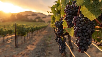 Vineyard at sunset with large groups of grapes hanging from the vines, hills in background