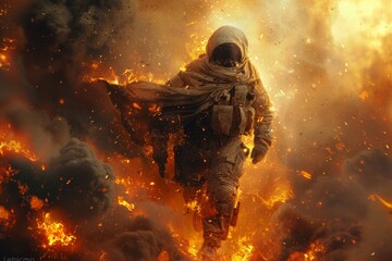 Astronaut Facing Fiery Storm on Alien Planet